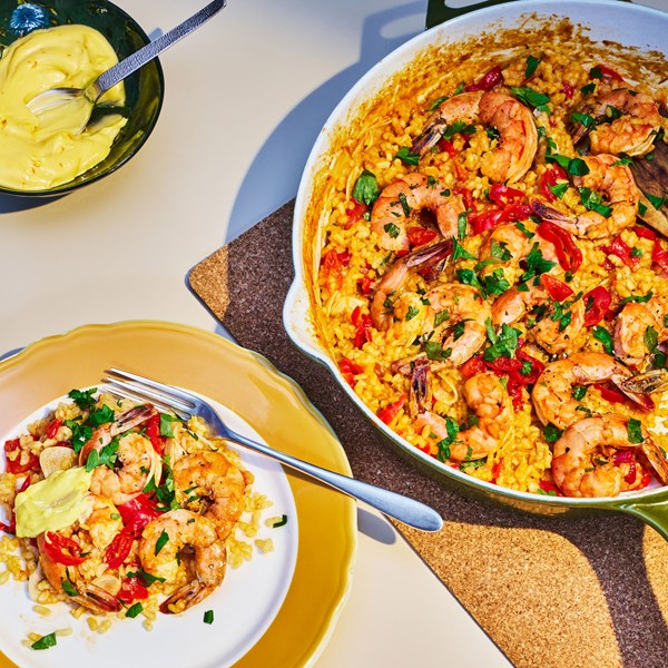 Spanish shrimp and rice with saffron mayo