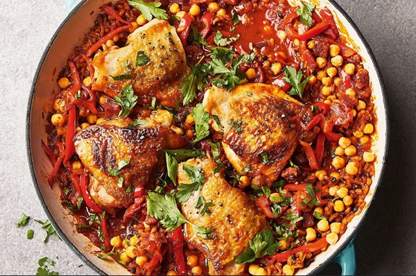 Spanish-style chicken with peppers, olives & mixed grains