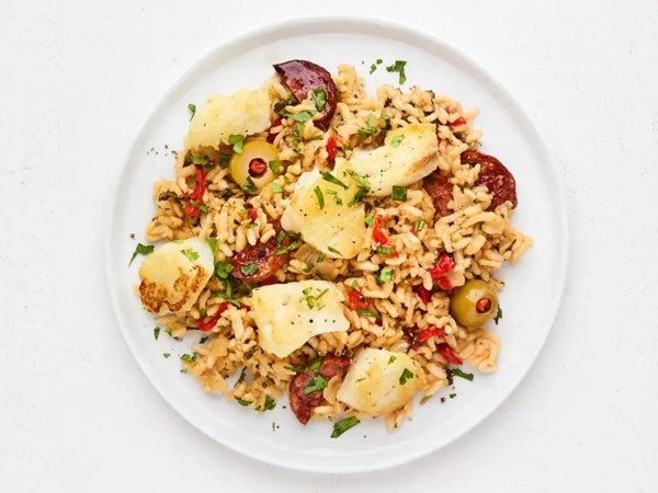 Spanish-style rice with fish and chorizo
