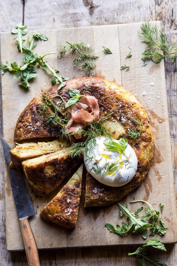 Spanish tortilla with burrata and herbs