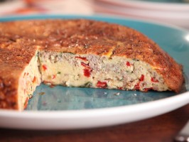 Spanish tortilla with chorizo, piquillo peppers, and roasted jalapeño pesto
