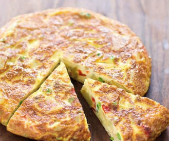 Spanish tortilla with roasted red peppers and peas