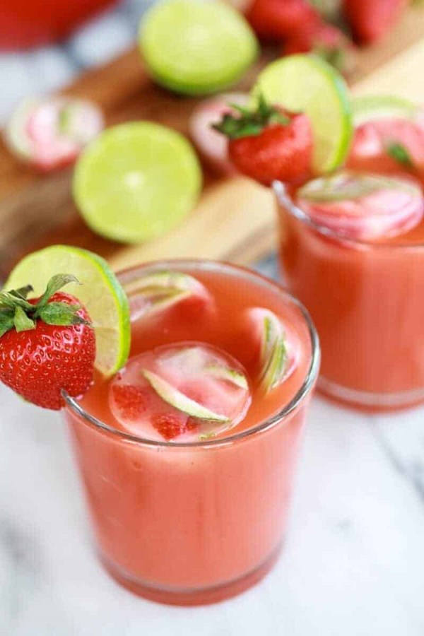 Sparkling strawberry basil limeade with tequila strawberry-lime ice