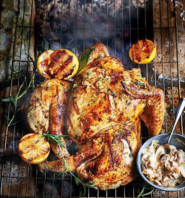 Spatchcock BBQ chicken with burnt onion aïoli and caramelised lemons