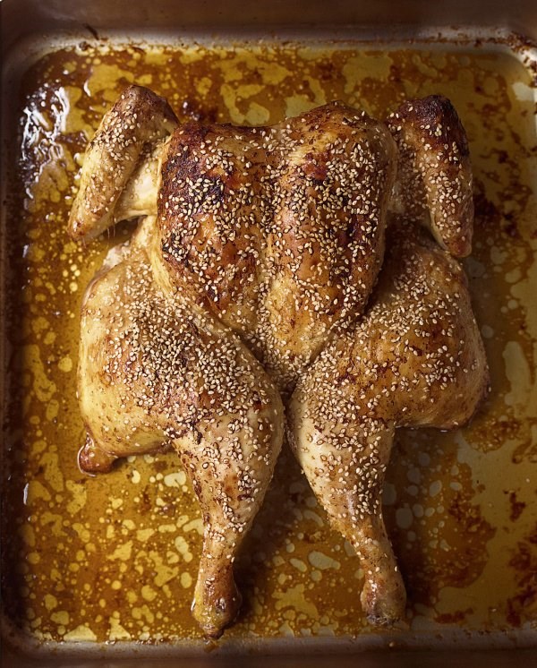 Spatchcock chicken with miso and sesame seeds