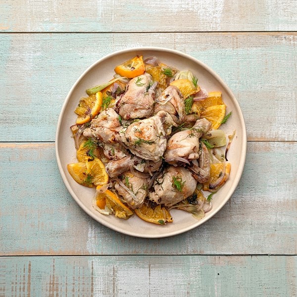 Spatchcock with fennel and orange (Galletto con finocchio e arancia)