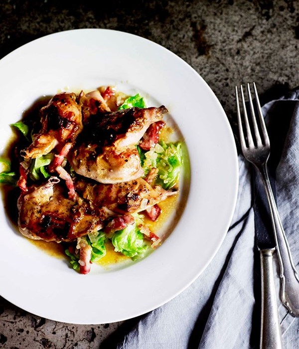 Spatchcock with mustard crust, buttered cabbage and devilled sauce of pepper and verjuice 