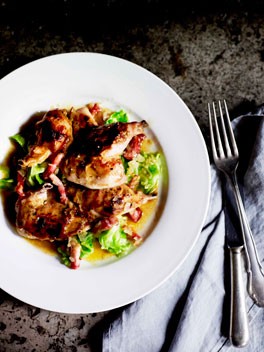 Spatchcock with mustard crust, buttered cabbage and devilled sauce of pepper and verjuice