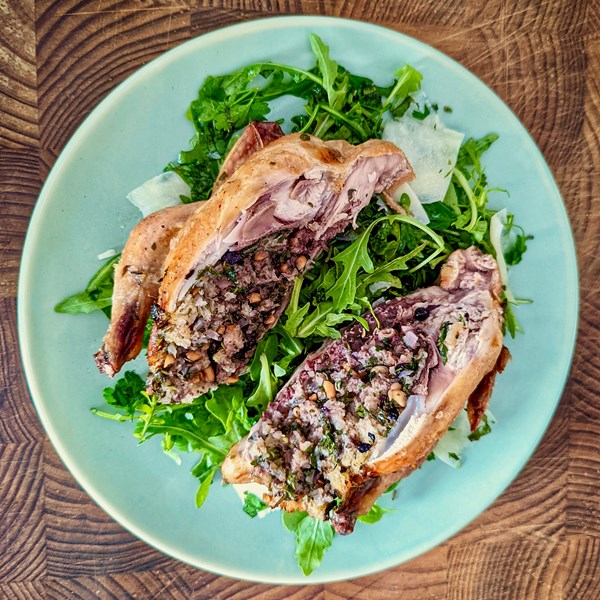 Spatchcock with pine nut & herb stuffing (Galletti ripieni con pinoli e erbette di campo)