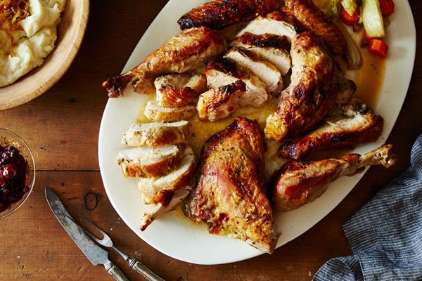 Spatchcocked + braise-roasted herb butter turkey
