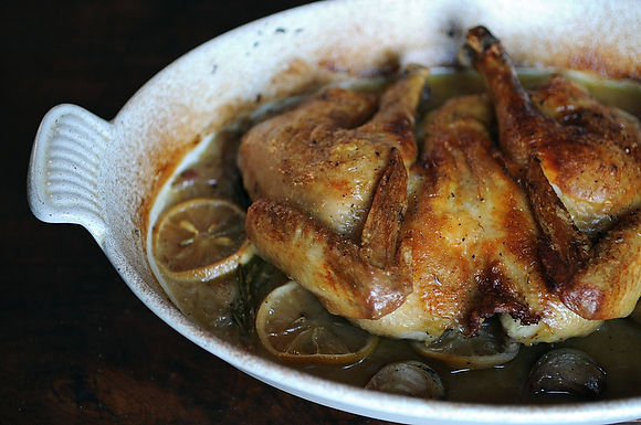 Spatchcocked and braise-roasted chicken
