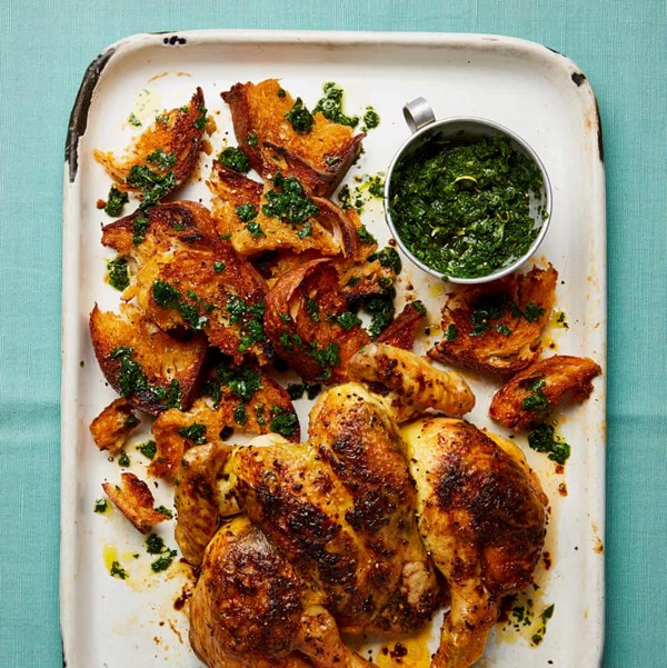 Spatchcocked chicken with dripping bread