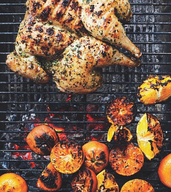 Spatchcocked chicken with garlic, parsley, and orange 