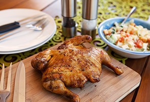 Spatchcocked chicken with mozzarella and baby beets