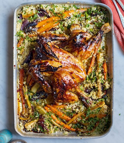 Spatchcocked pomegranate molasses chicken with roasted vegetable & bulgur salad