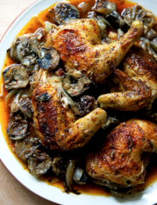 Spatchcocked roast chicken with dates & artichoke hearts