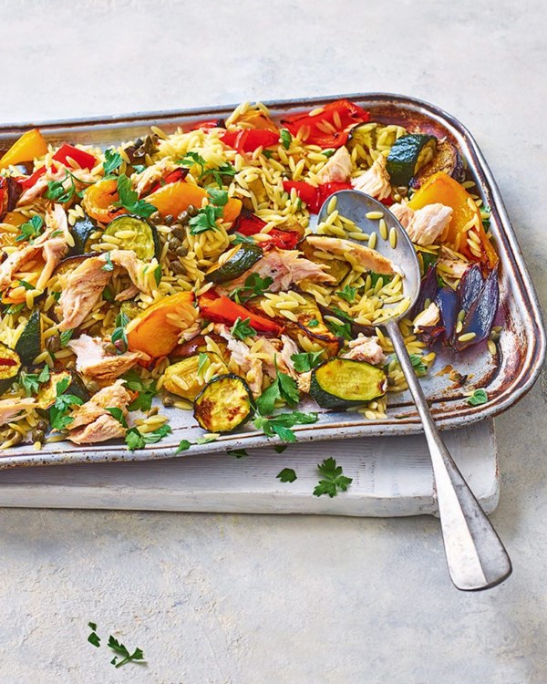 Spatchcocked roast chicken with orzo and roast vegetables 