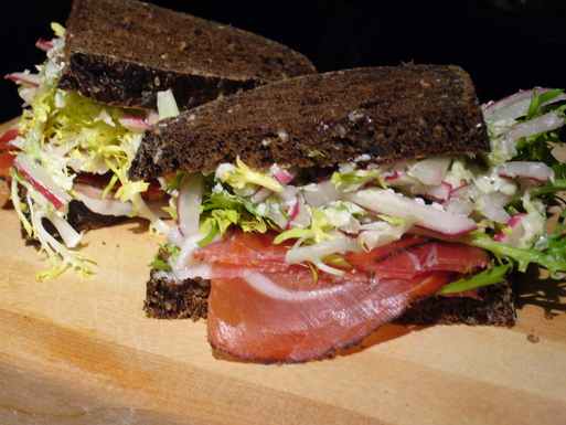 Speck, frisée, onion, radish butter