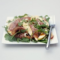 Speck with apples, apple balsamic, and arugula