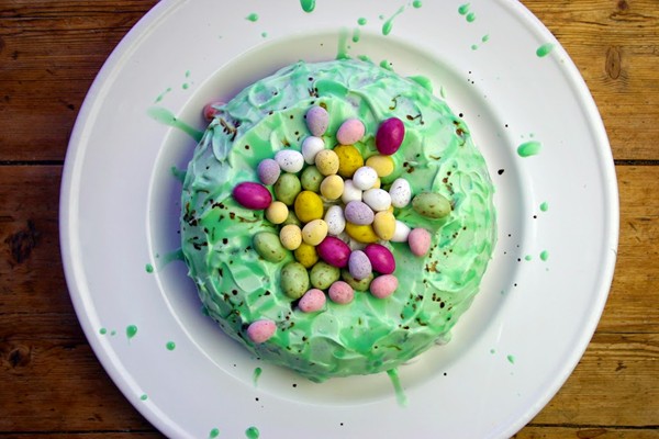 Speckled egg white chocolate bundt with mini eggs