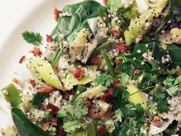 Speckled salad with quinoa, leek, bacon, & chervil from 'Home Made Winter' (Cook the Book)