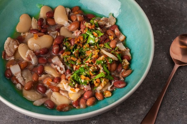 Speedy bacon and three-bean skillet stew