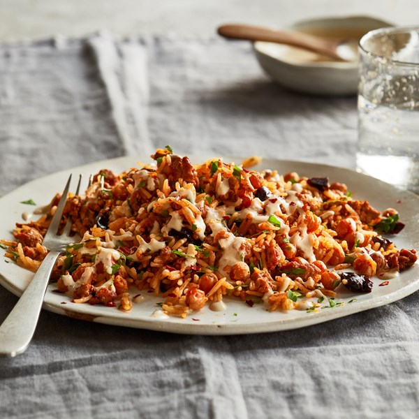Speedy lamb pilaf with crispy chickpeas