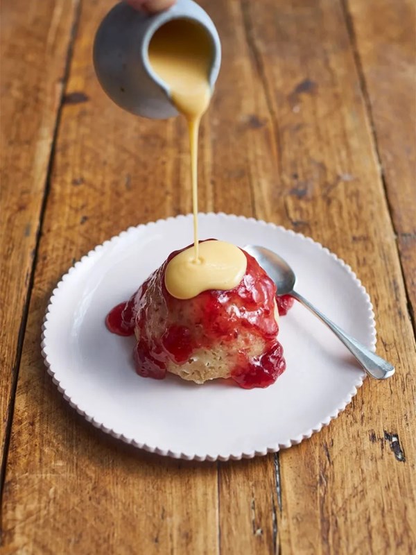 Speedy sponge puddings with jam & custard