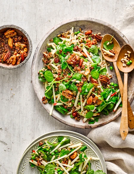 Spelt and apple salad with crispy nuts and seeds