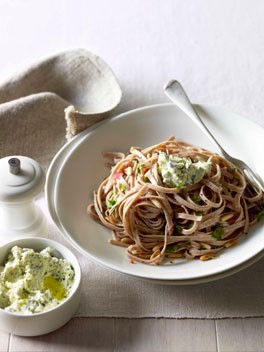 Spelt fettucine with herbed ricotta, chilli and pine nuts
