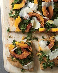 Spelt focaccia with kale, squash and pecorino