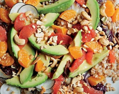 Spelt, grilled radicchio, citrus, cashews, avocado and black radish
