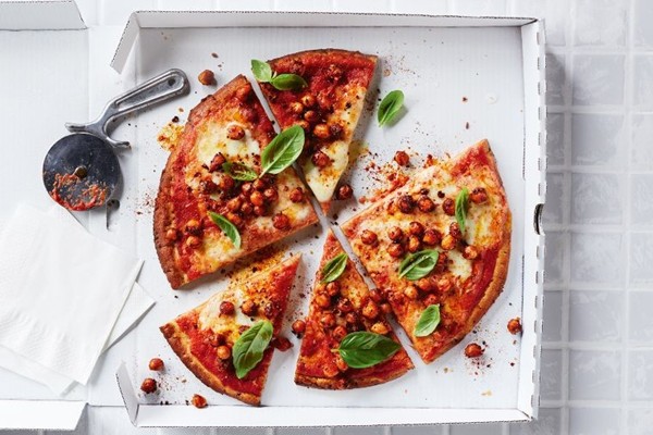 Spelt Margherita pizza with 'pepperoni' chickpeas
