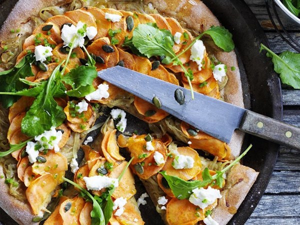 Spelt pizza with orange kumara, pepitas & goat's cheese