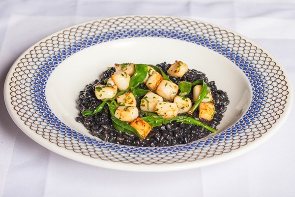 Spelt risotto cooked in ink with squid and sea aster