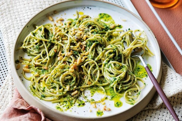 Spelt spaghetti with roasted lemon rocket pesto