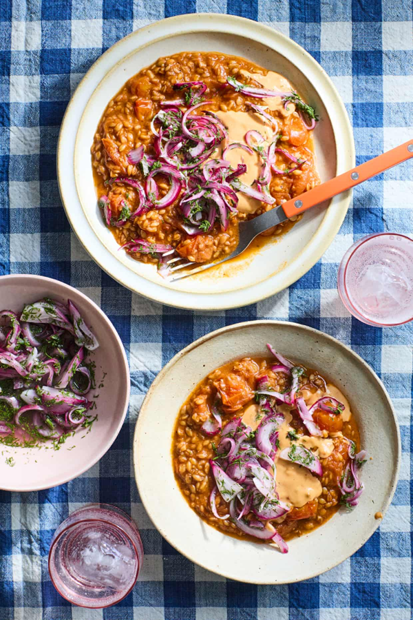 Spelt, tomatoes, pickled onions and tahini