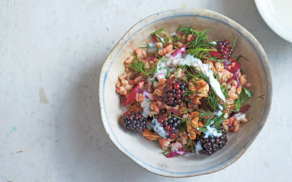 Spelt with blackberries, beetroot, walnuts and buttermilk