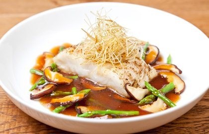 Spice-crusted Alaska black cod, onion sauce, shiitake and asparagus