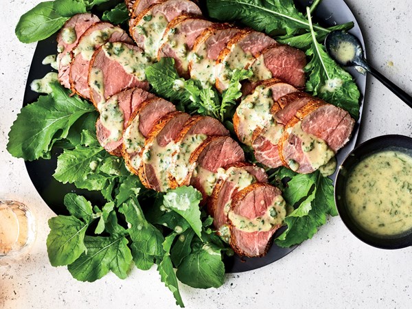 Spice-crusted beef tenderloin with caper vinaigrette