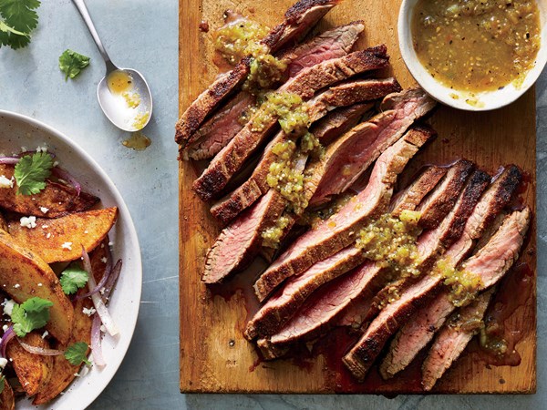 Spice-crusted flank steak with crispy potatoes