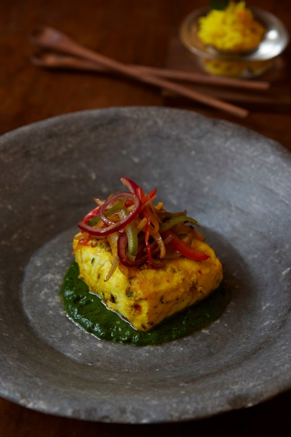 Spice-crusted halibut in green spiced sauce