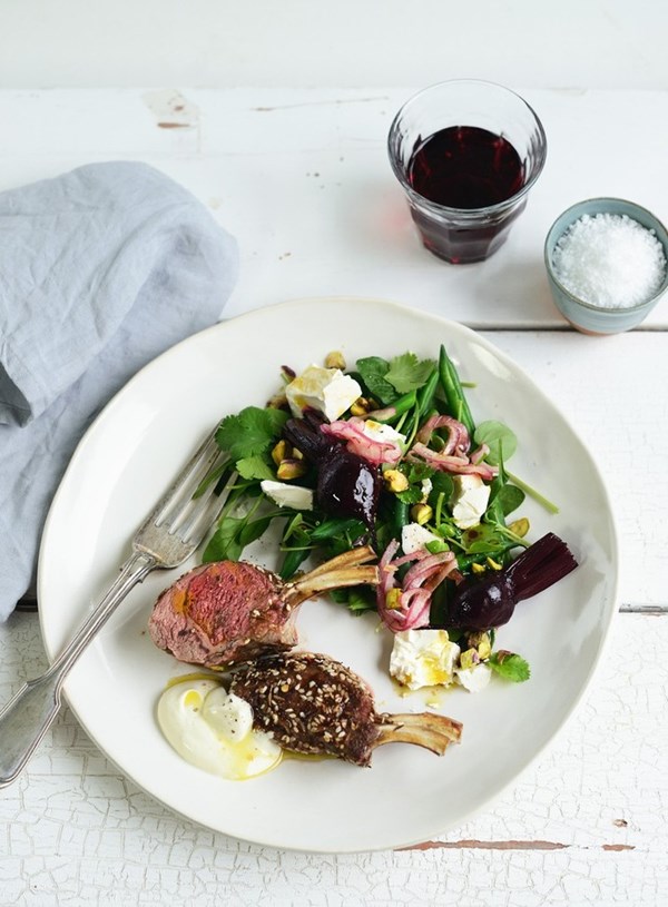 Spice-crusted lamb rack with spinach and baby beet salad