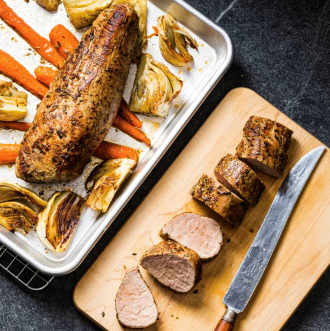 Spice-crusted pork tenderloin with pan-roasted vegetables