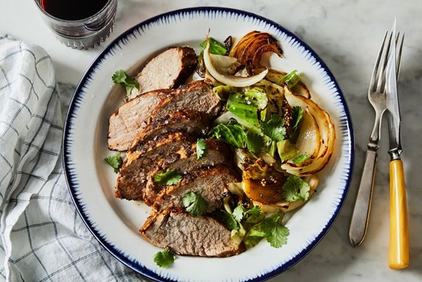  Spice-crusted pork tenderloin with caramelized masala cabbage 