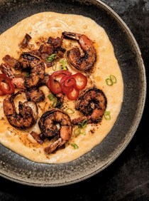 Spice-crusted shrimp with cheesy grits and pickled chiles