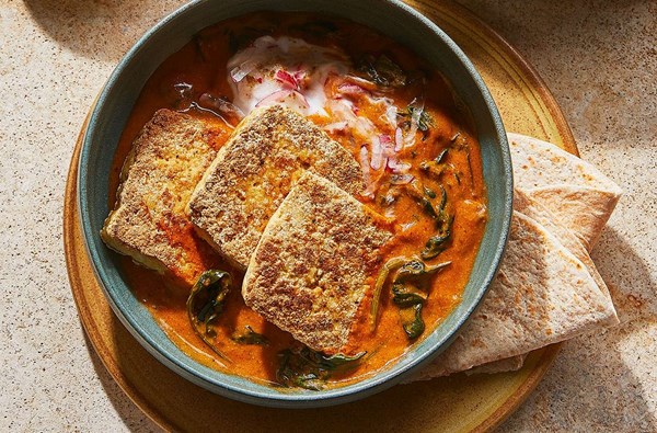 Spice-crusted tofu tikka masala with radish & coconut raita 