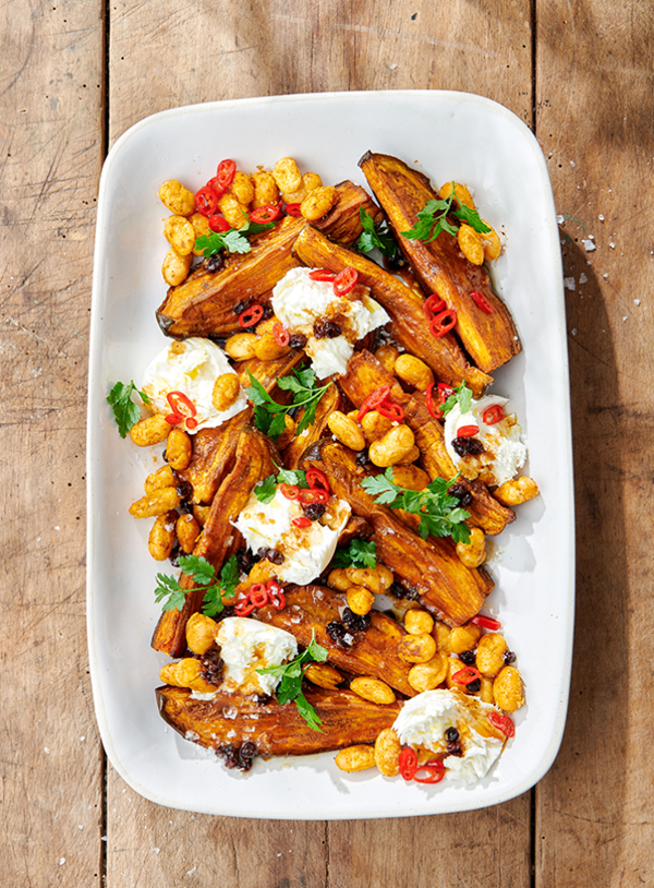 Spice-roasted butter beans, mozzarella and eggplant salad