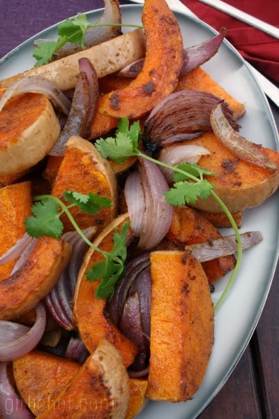 Spice-roasted butternut squash and red onions