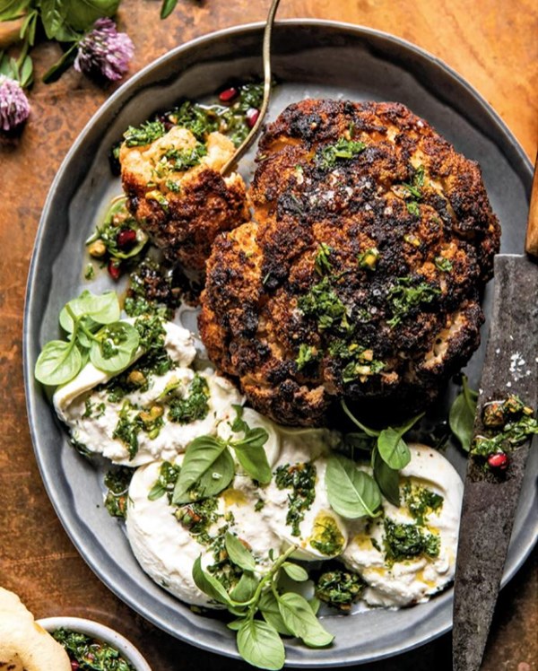 Spice-roasted cauliflower with burrata and herbs